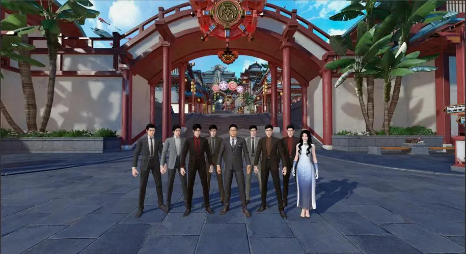 图片展示了八个穿着正式服装的卡通人物站在一座亚洲风格的拱门前，背景是节日装饰和建筑。