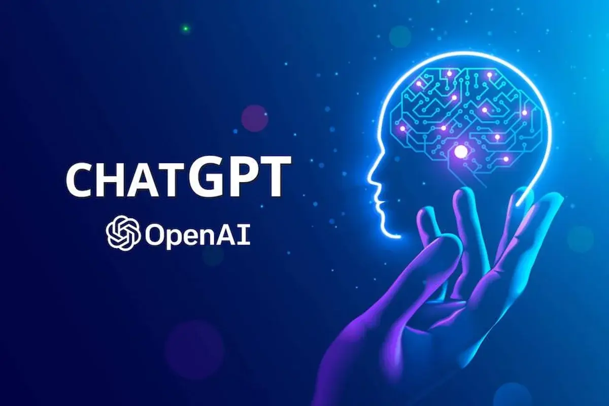 图片展示了一个脑图标志在人类手掌上，背景是深蓝色，旁边有“CHATGPT”和“OpenAI”的文字。