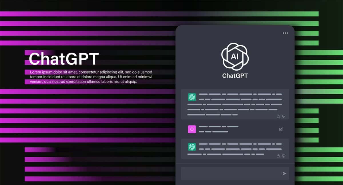 这是一张展示ChatGPT对话界面的图片，背景为黑色和绿色条纹，平板电脑屏幕显示聊天气泡和AI标志。