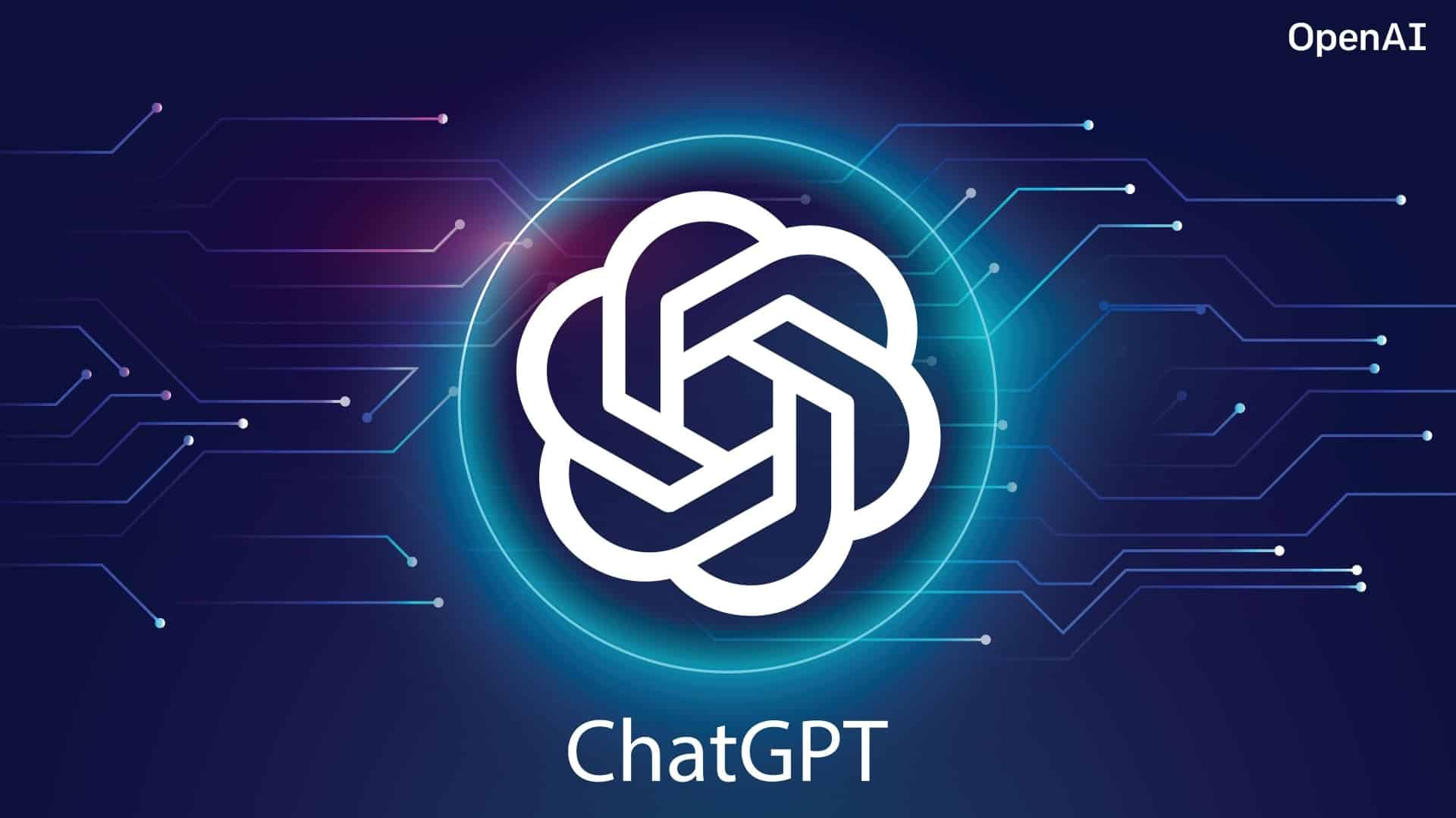 这张图片展示了OpenAI的ChatGPT标志，背景是深蓝色调的电路板图案，整体设计科技感强，色彩对比鲜明。