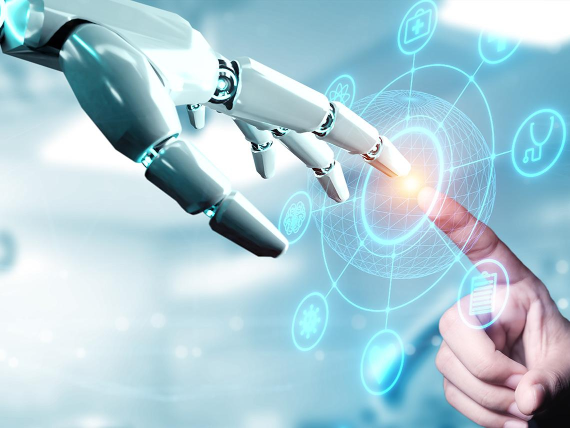 图片展示了人类手指和机器人手指相触，背景是数字化图案和符号，象征人工智能与人类互动。