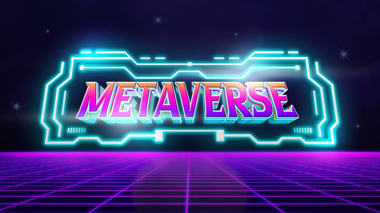 这张图片展示了“METAVERSE”字样的霓虹灯招牌，背景为紫色调的网格地面和暗色调的虚拟空间，营造出未来科技感。