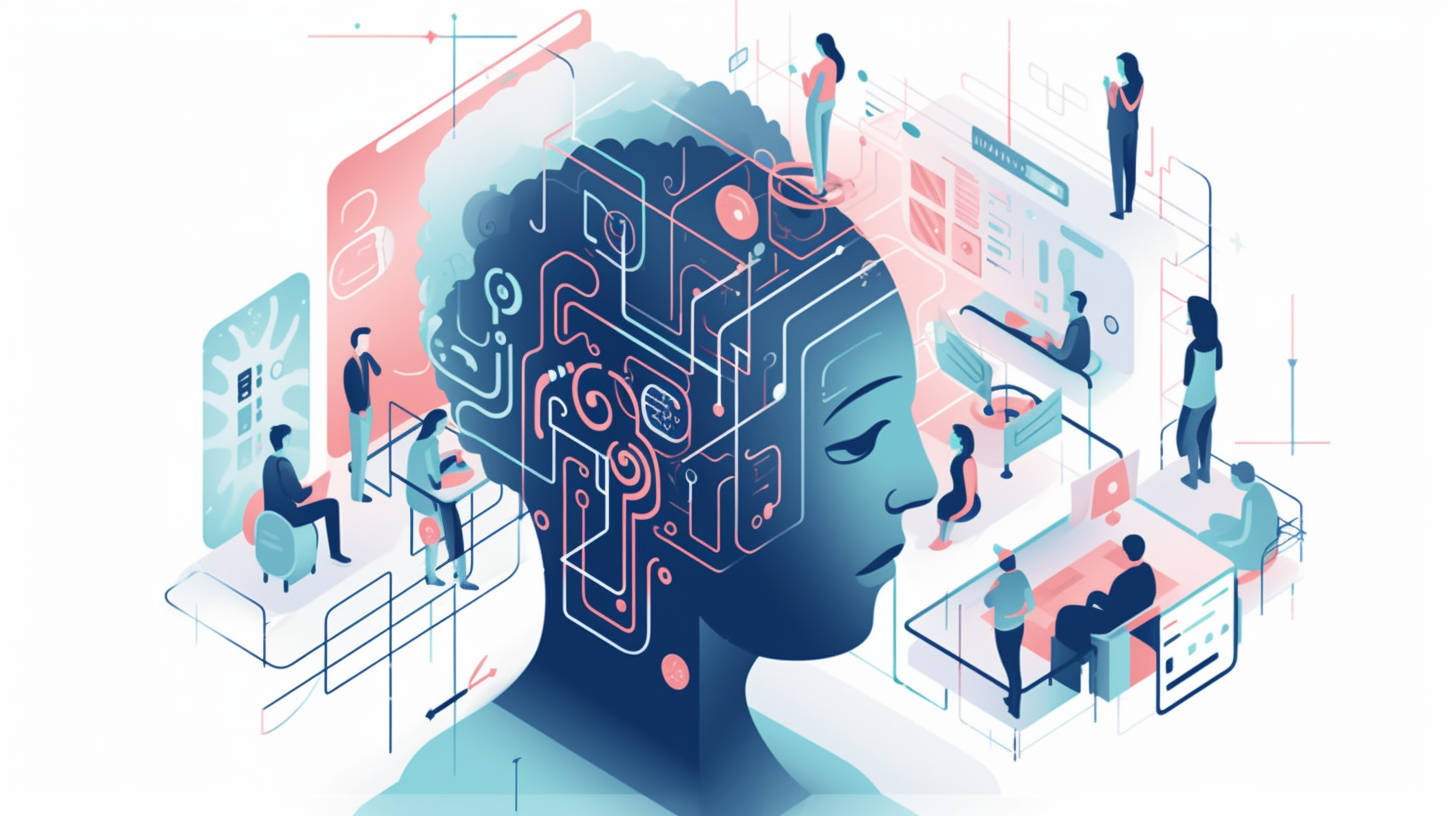 这是一张描绘人工智能和机器学习概念的插图，展示了与人脑相连的电路和多个人物与数据互动的场景。