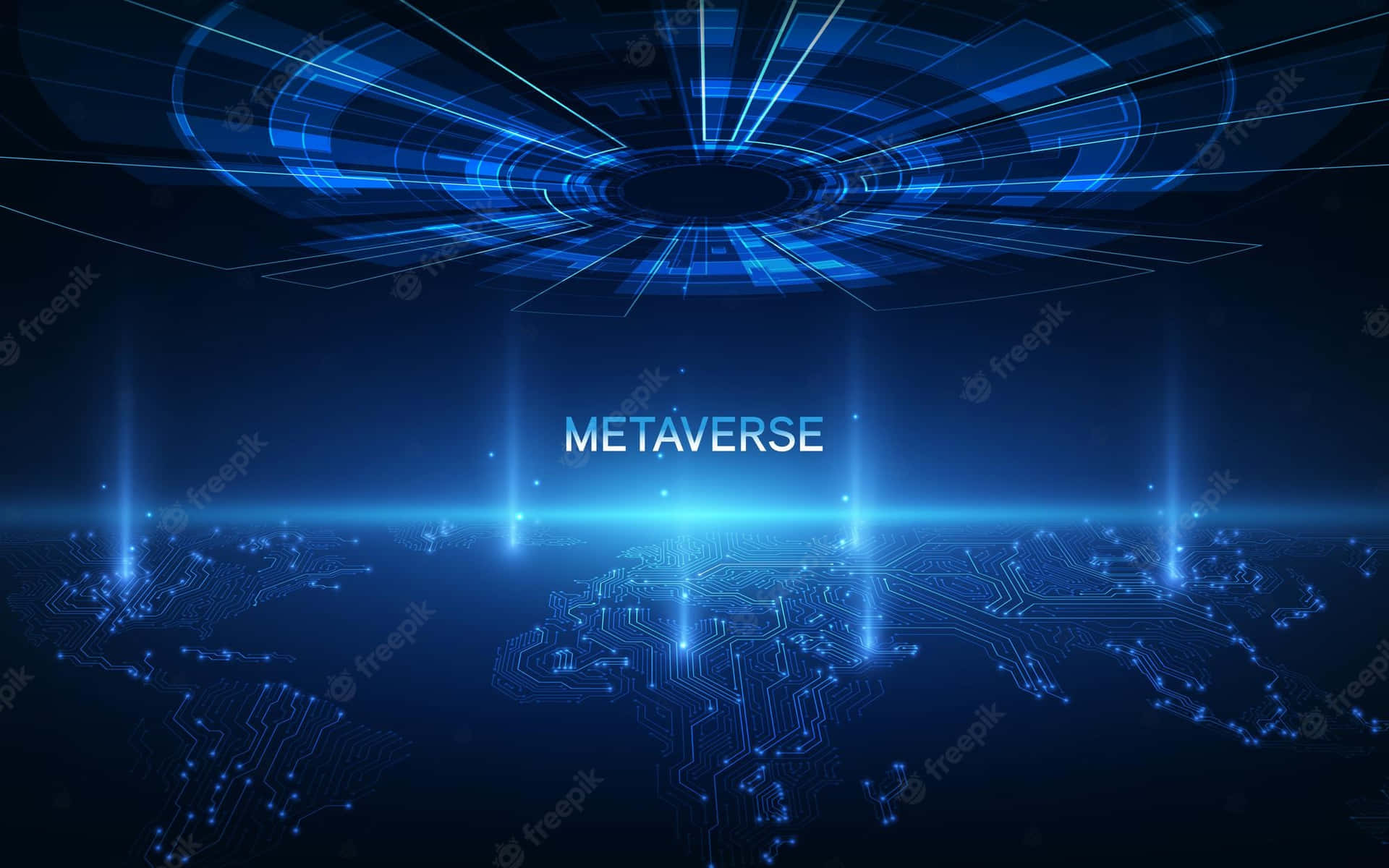 图片展示了一个以“METAVERSE”为中心的科技感图案，蓝色调，有数字化元素和线路，给人一种未来虚拟世界的感觉。