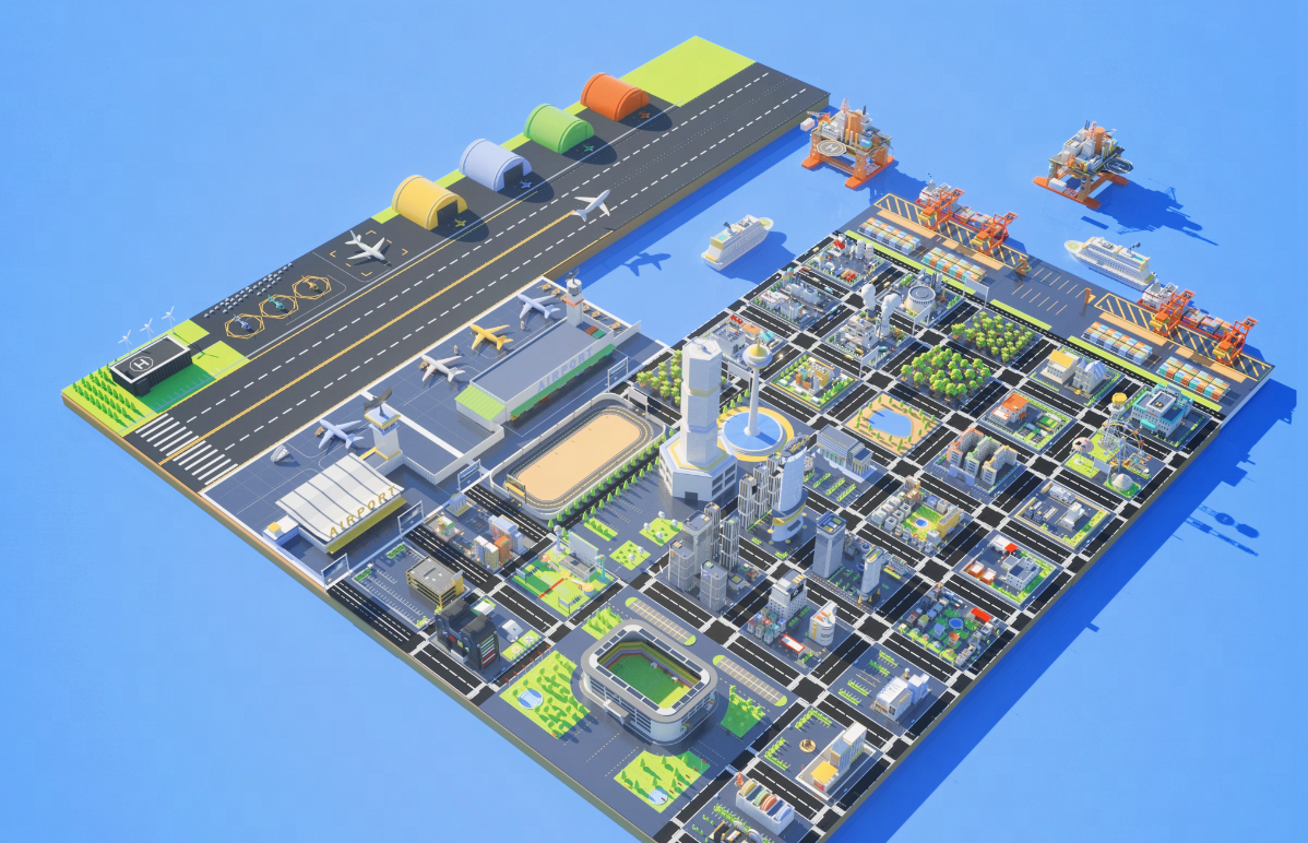 这是一张现代化城市的立体模型图，包含高楼大厦、道路、机场和港口等城市基础设施。色彩鲜明，布局井然有序。