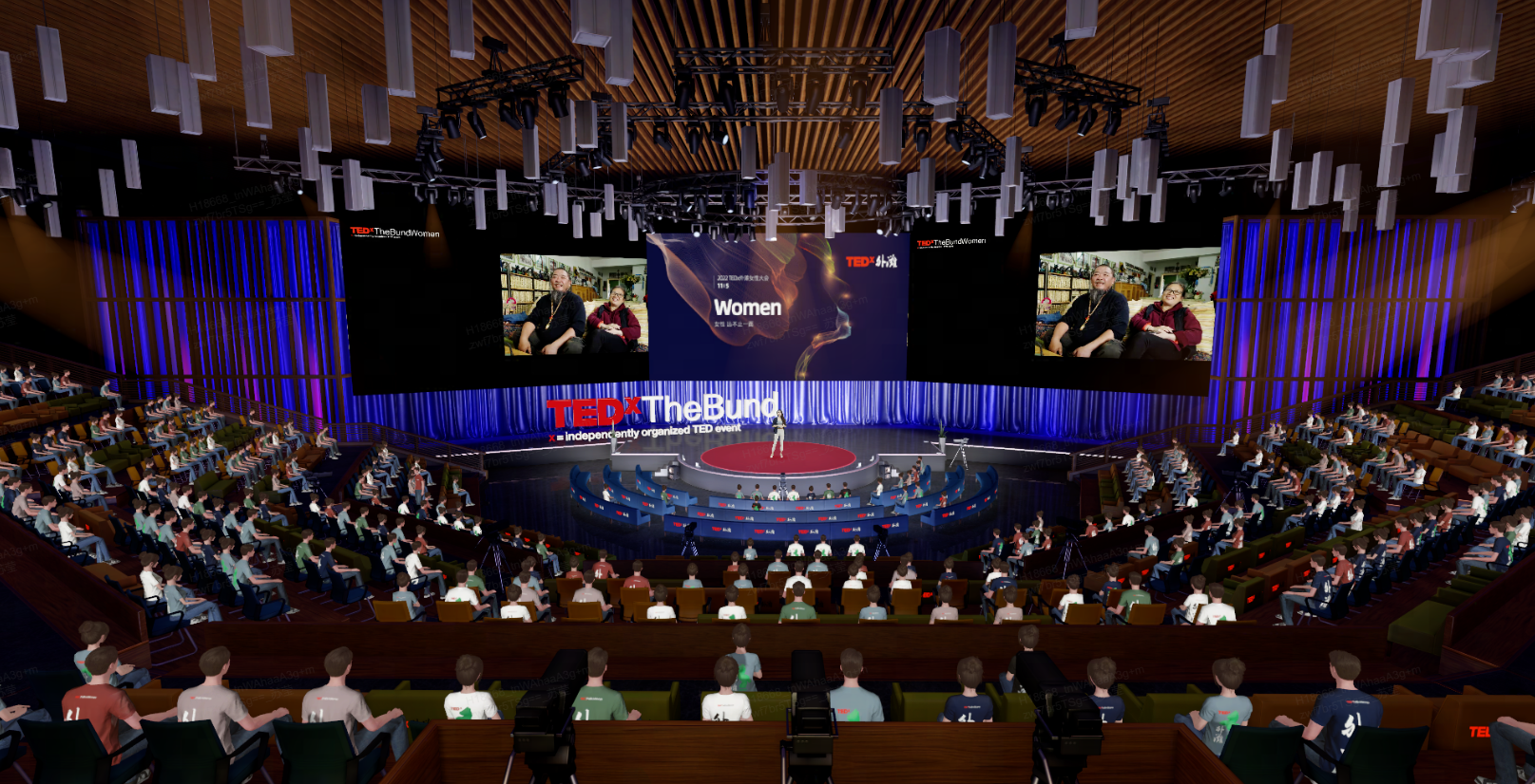 这是一张TEDx活动的图片，讲者站在舞台上，观众认真聆听，会场氛围正式，屏幕显示“Women”字样。