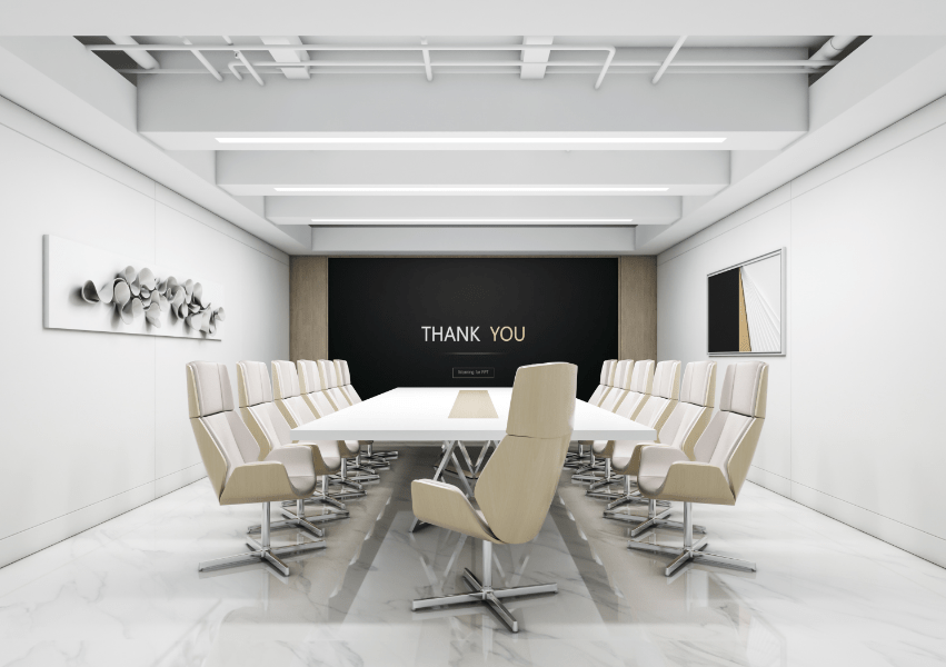 这是一间现代风格的会议室，配有长形会议桌、多把椅子和屏幕，墙上挂有艺术装饰，整体色调简洁明亮。