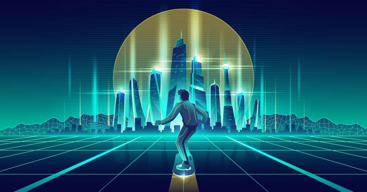这是一张描绘赛博朋克风格城市的插画，图中人物站在光线交错的道路上，远观未来都市的高楼大厦。