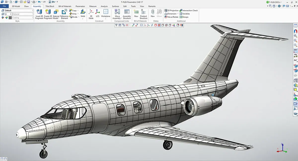 这是一张计算机辅助设计软件界面截图，显示了一架小型喷气式飞机的三维模型。模型细节丰富，工程性强。
