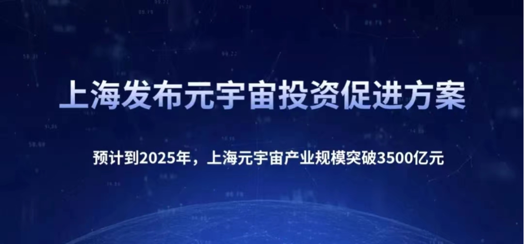 图片展示的是一段文字信息，蓝色背景上用白色字体写着“上海发布元宇宙发展白皮书”，下方有关于2025年产值的预测数据。