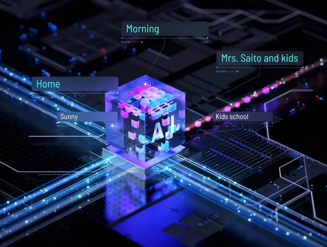 图片展示了一个带有“AI”标识的立方体，四周有未来科技风格的图案及文字，如“Morning”和“Home”，给人一种高科技感。
