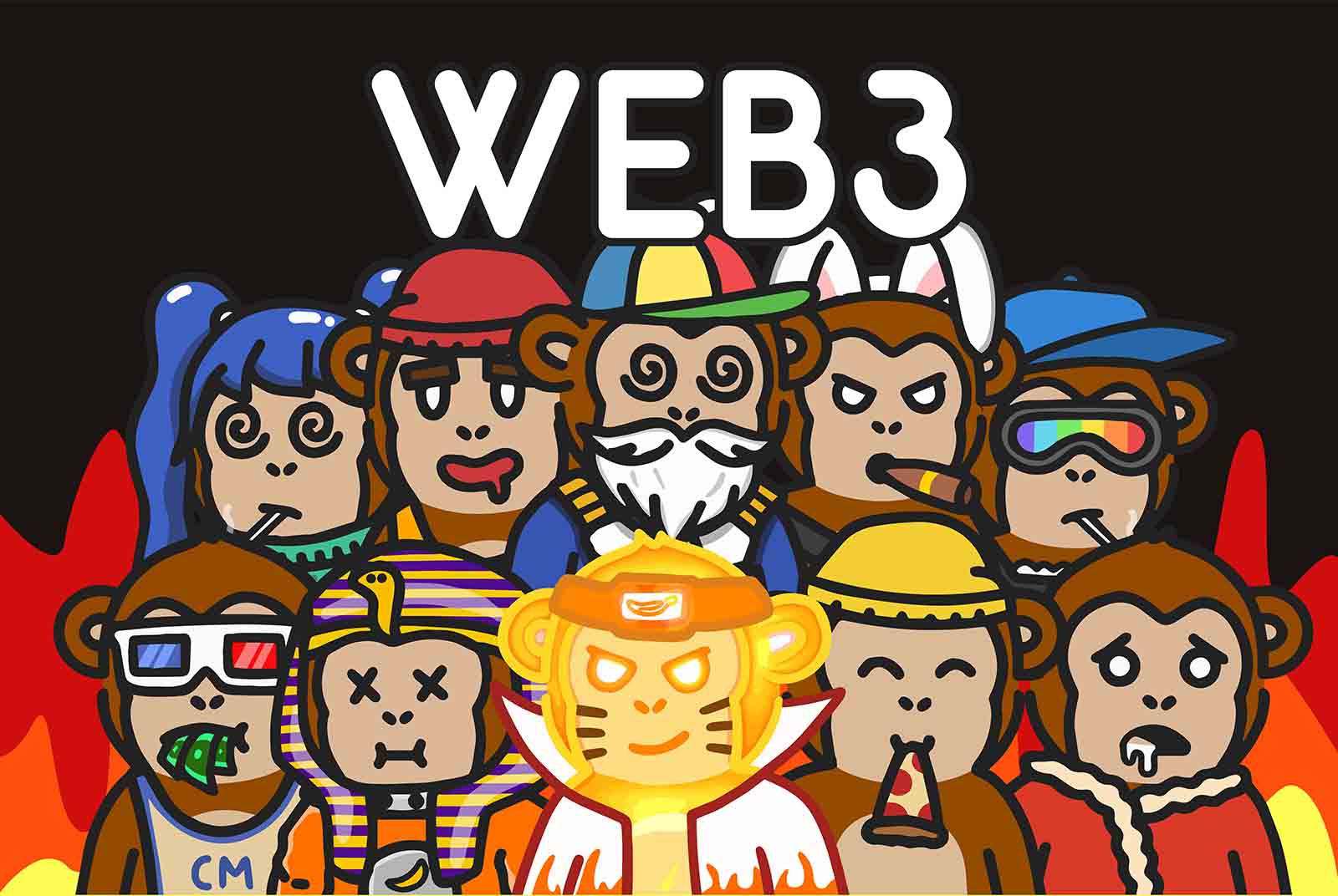 图片展示了“WEB3”字样，下方是多个卡通风格的猴子头像，代表了网络文化中的NFT艺术，色彩丰富，背景为火焰。