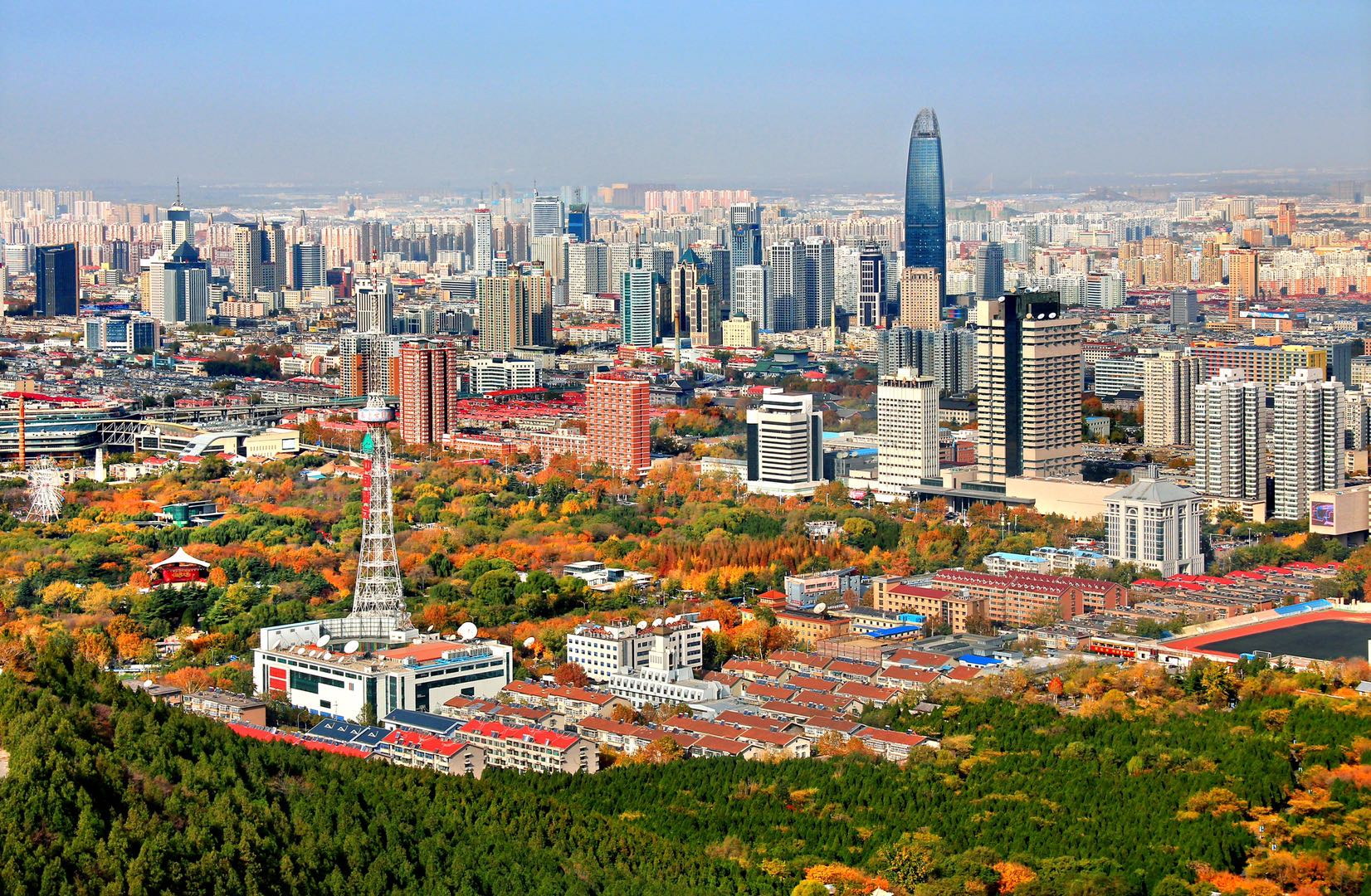 这是一张城市风光照片，展示了密集的建筑群，高楼大厦与绿树交织，天空晴朗，远处可见城市天际线。