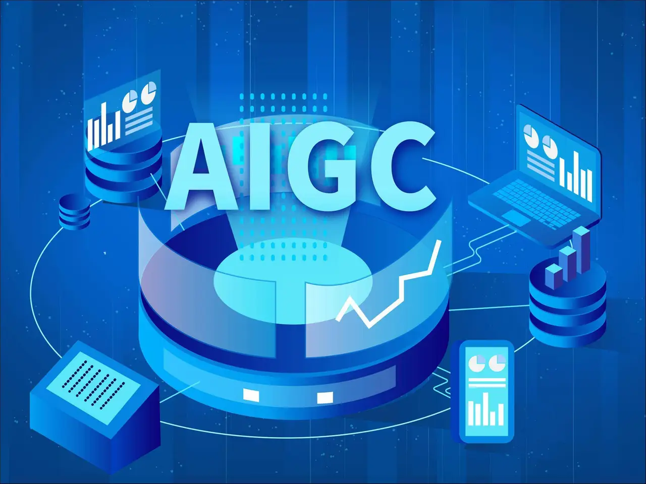 这是一张展示人工智能和生成内容（AIGC）的概念图，包含图标、数据图表、电脑和算法符号，色调为蓝色科技风。