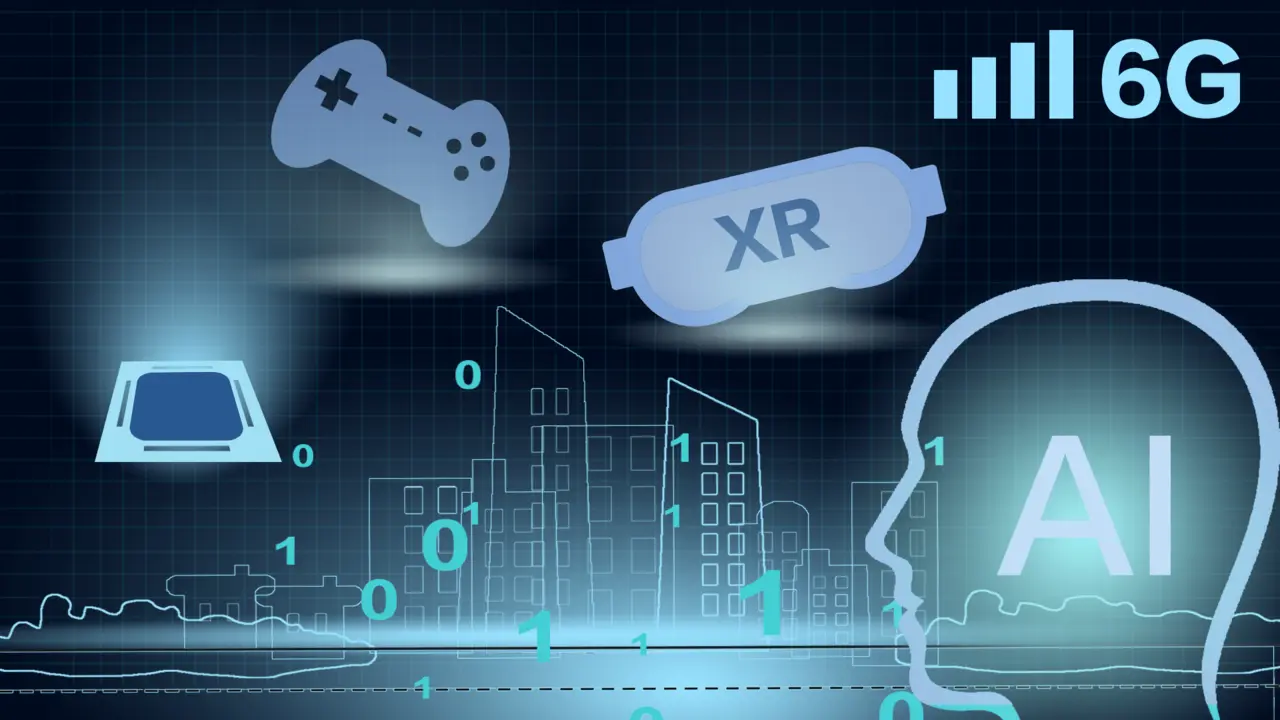 这张图片展示了未来科技概念，包含游戏手柄、XR（扩展现实）、6G网络、自动驾驶汽车以及AI（人工智能）的符号，背景是数字化城市轮廓。