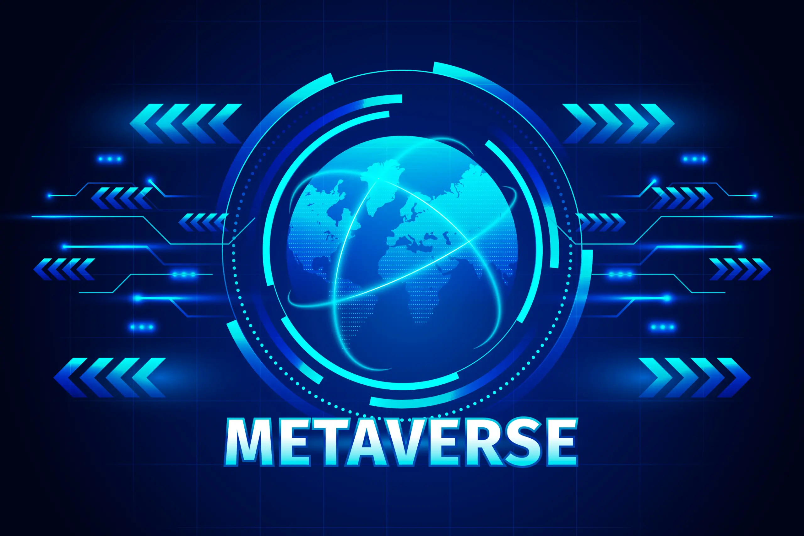 图片展示了一个以地球为中心的图形，周围有蓝色光圈，底部有“METAVERSE”字样，背景为数字化的蓝色网格。