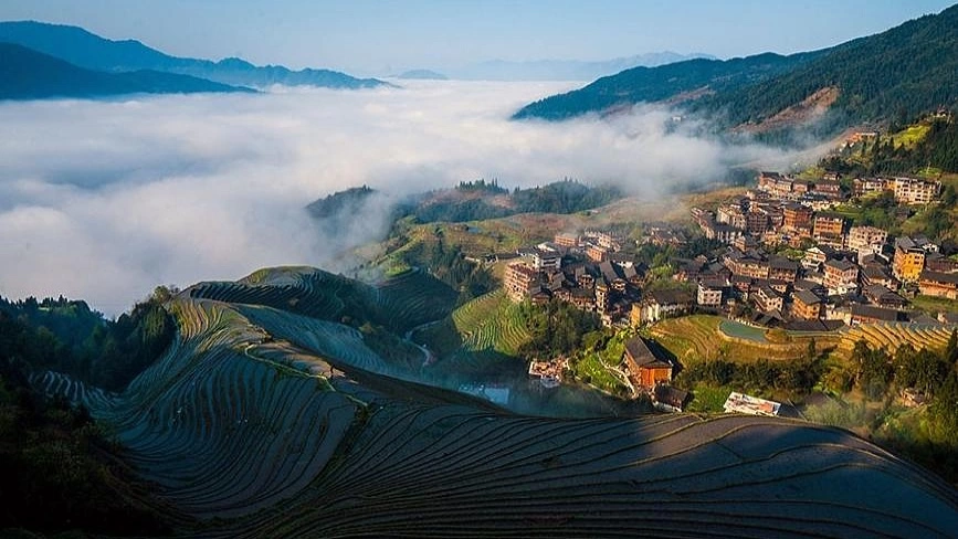 这张图片展示了梯田上薄雾缭绕的山村，古朴的建筑群错落有致，远处群山环抱，天地间一片宁静祥和。