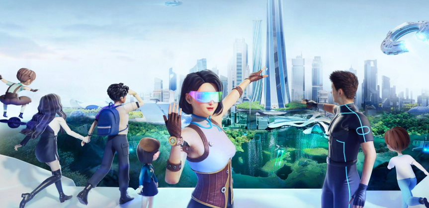 这是一幅展现未来城市景象的插画，图中有穿着现代服装的人们，高楼大厦，以及飞行器。整体风格科幻，充满未来感。