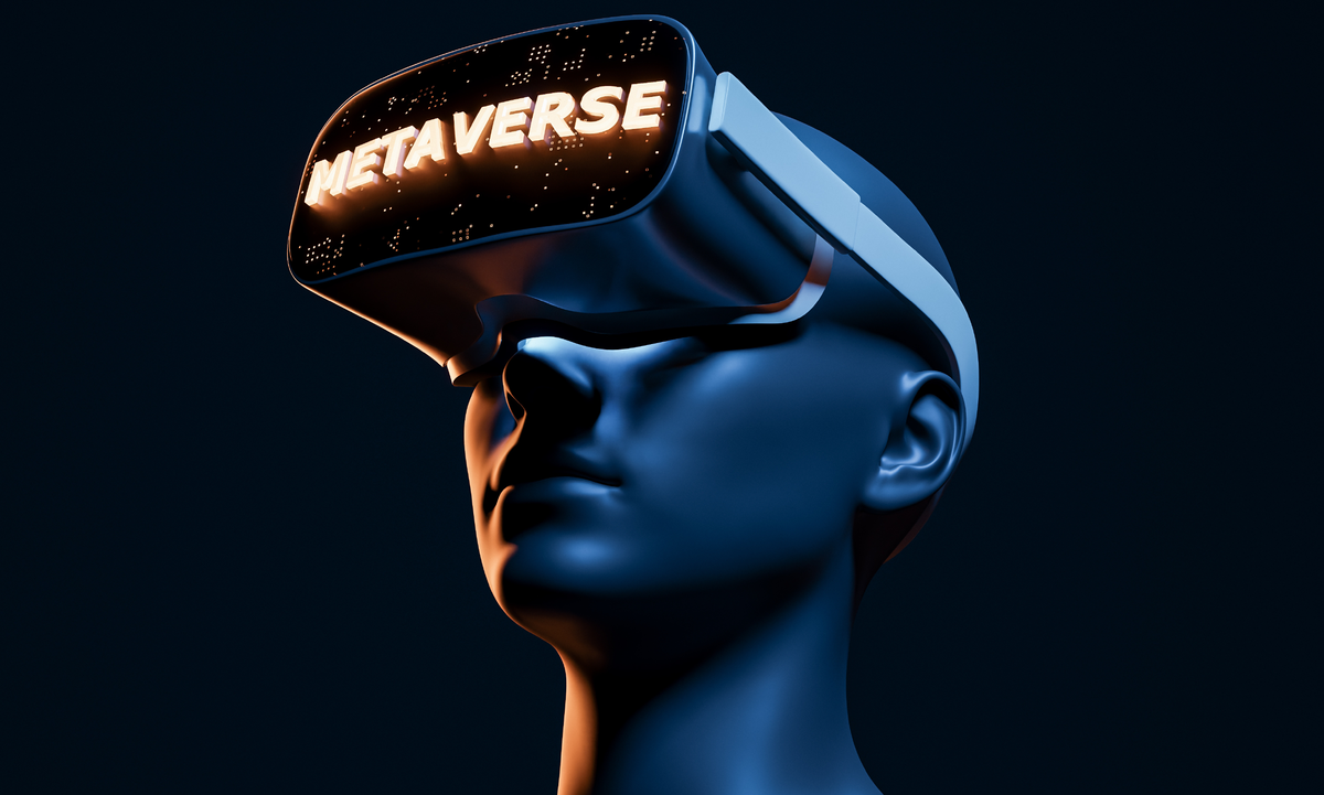 这是一张图像，展示了一个穿戴有“Metaverse”字样虚拟现实头盔的3D模型人头，背景为深蓝色。