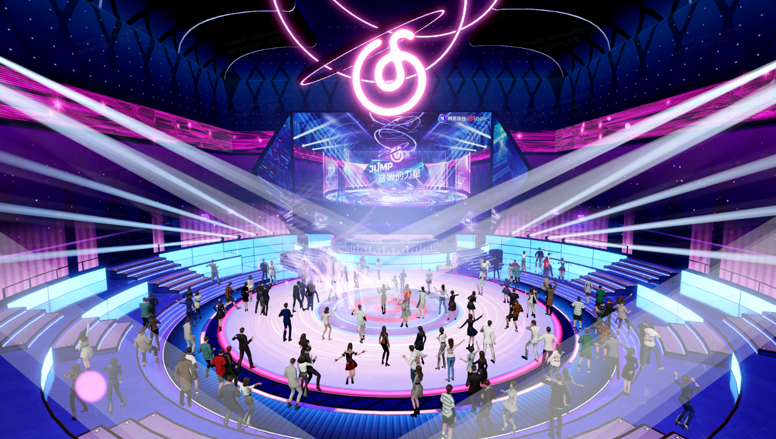 这是一张展示虚拟现实音乐会场景的插画，人们在色彩斑斓的灯光下聚集，中央有个巨大的DJ台和跳舞的人群。
