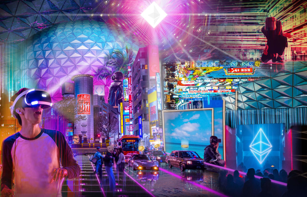 这张图片是一张充满未来感的城市生活拼贴图，展示了穿戴虚拟现实头盔的人、霓虹灯饰的街道和现代建筑。