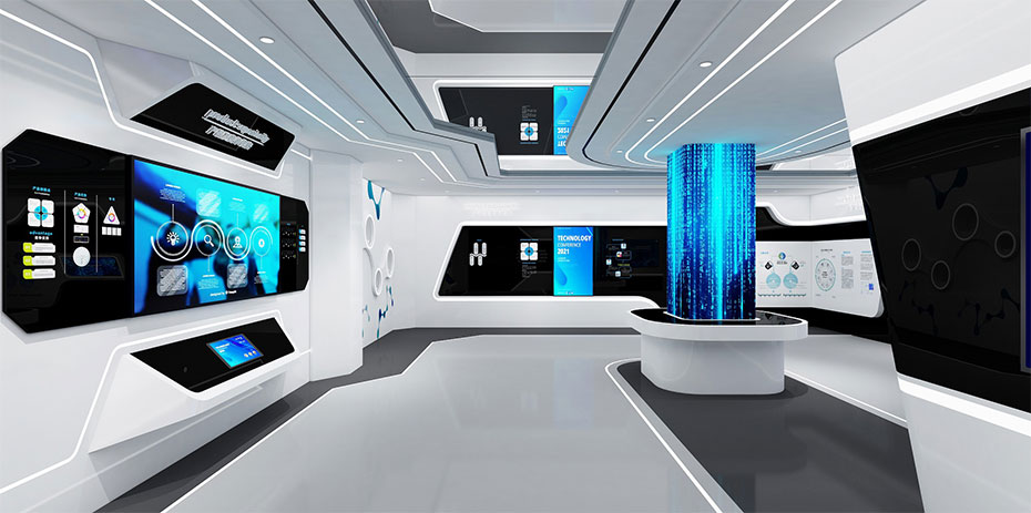 这是一张展示现代科技感室内设计的图片，内有蓝色光带装饰的信息展示屏和中央的互动装置。整体色调为白色和蓝色，显得未来感十足。