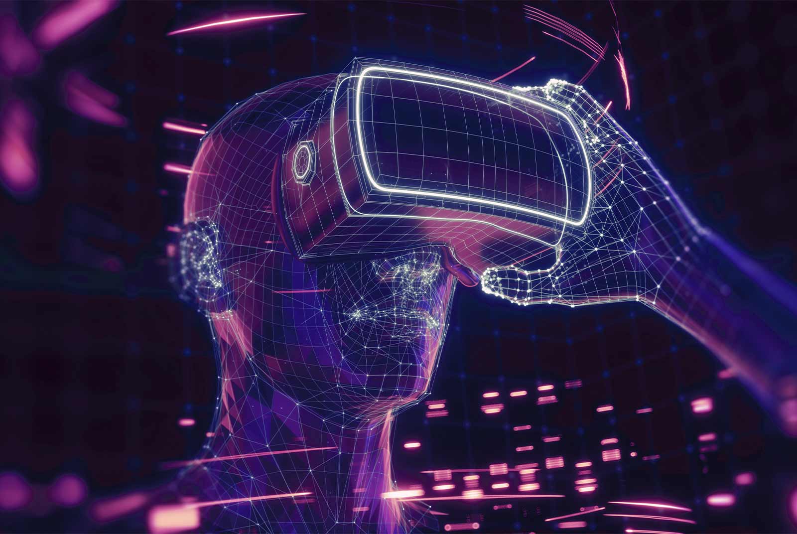 这是一张展示虚拟现实头盔和人类头部轮廓的图片，图中有数字化效果，彰显科技感和未来感。