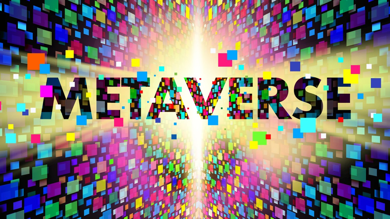 图片显示“METAVERSE”字样，背景是由多彩像素方块构成的虚拟空间感，色彩鲜艳，给人一种科技感和未来感。