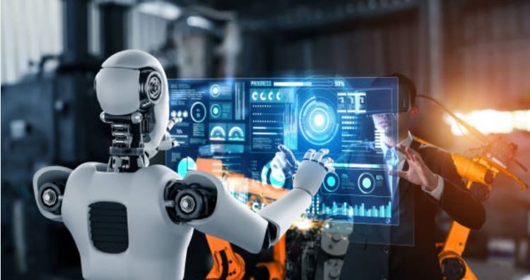 图片展示了一台机器人在操作高科技触控屏幕，背景似乎是一个工业环境，体现了先进的自动化技术和人工智能的应用。