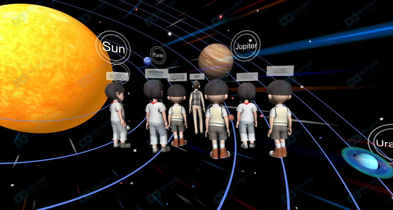 图片展示了几个穿着太空服的卡通人物在观看太阳系模型，包括太阳、地球、木星等行星，背景是星空和光线。