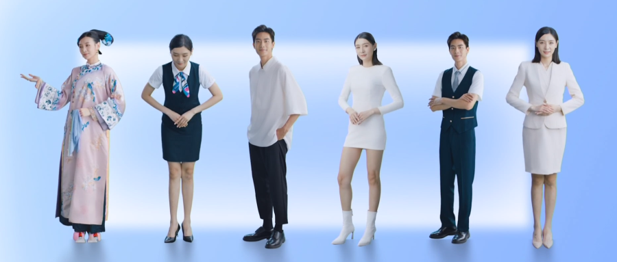 图片展示了六位站立的人物，他们穿着不同风格的服装，从传统到现代正装，背景为单一的蓝色。
