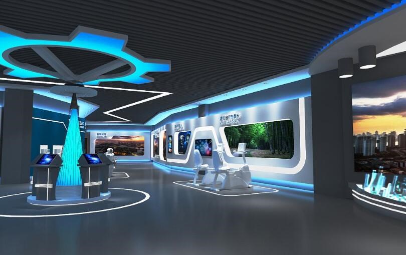 图片展示了一个现代化的室内环境，类似于展览馆，有高科技感的装饰、互动屏幕和未来风格的座椅。