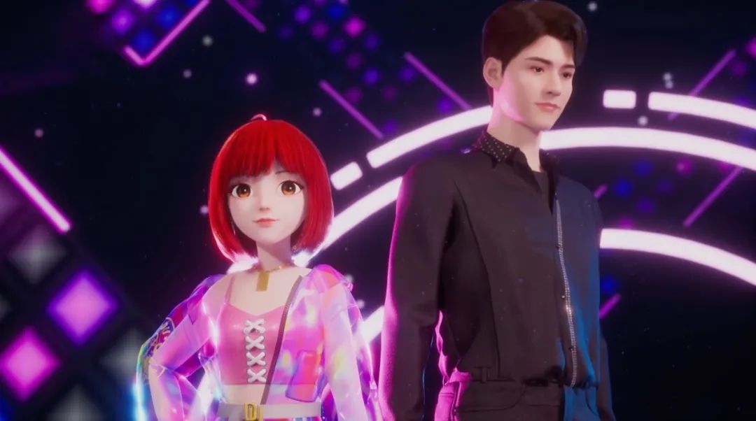 图片展示了两个三维动画人物，一个男性和一个红发女性，背景是充满霓虹灯的未来风格场景。
