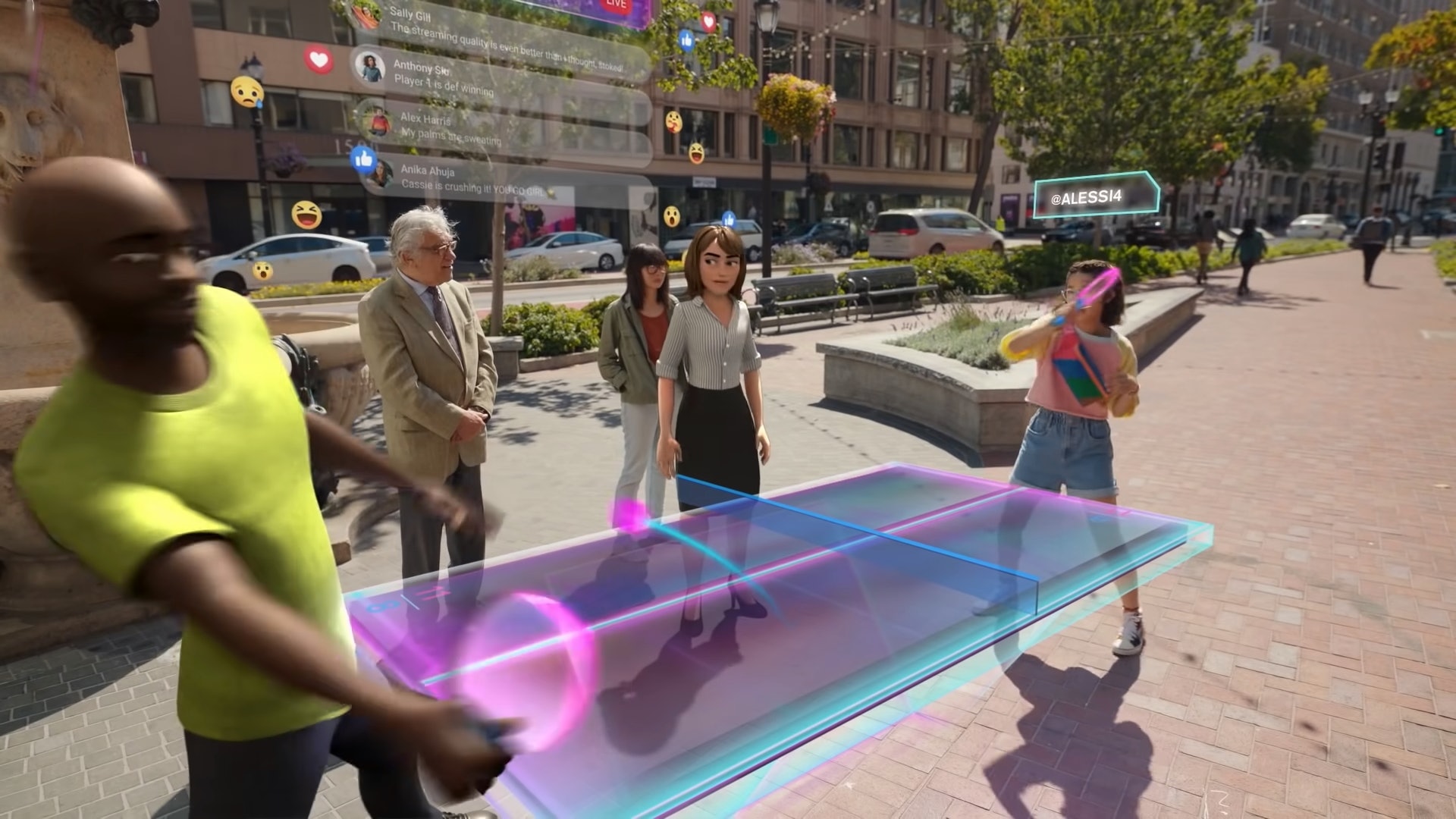 图片展示几位虚拟角色在城市街道上，一位女性角色走在透明蓝色光带上，周围有其他人物和车辆。