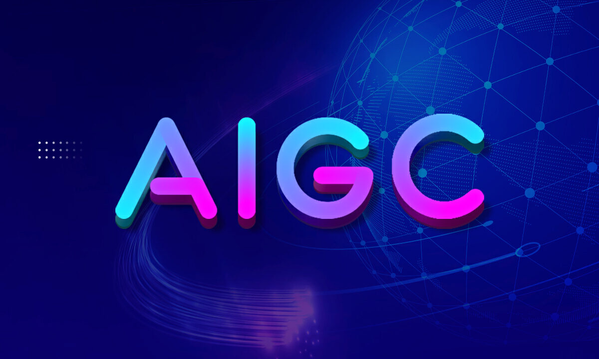图片展示了“AIGC”四个字母，采用鲜艳的渐变色，背景为深蓝色，带有数字网络图案，给人科技感。