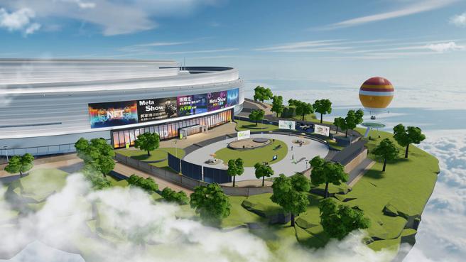 这是一张现代体育馆的概念设计图，体育馆周围有绿树环绕，图中还有一颗色彩斑斓的热气球在天空中飘浮。