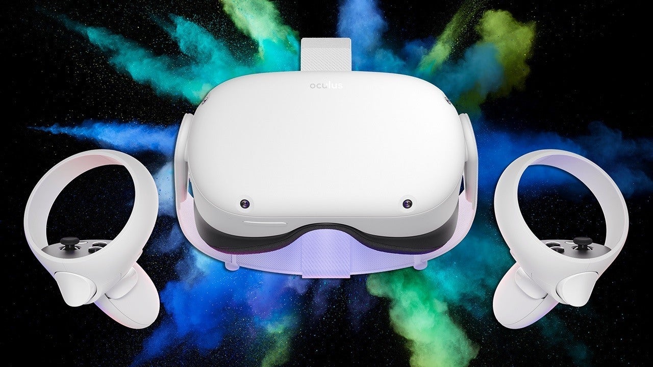 这是一副Oculus品牌的虚拟现实头戴设备和两个手持控制器，背景是星云般的彩色星空。