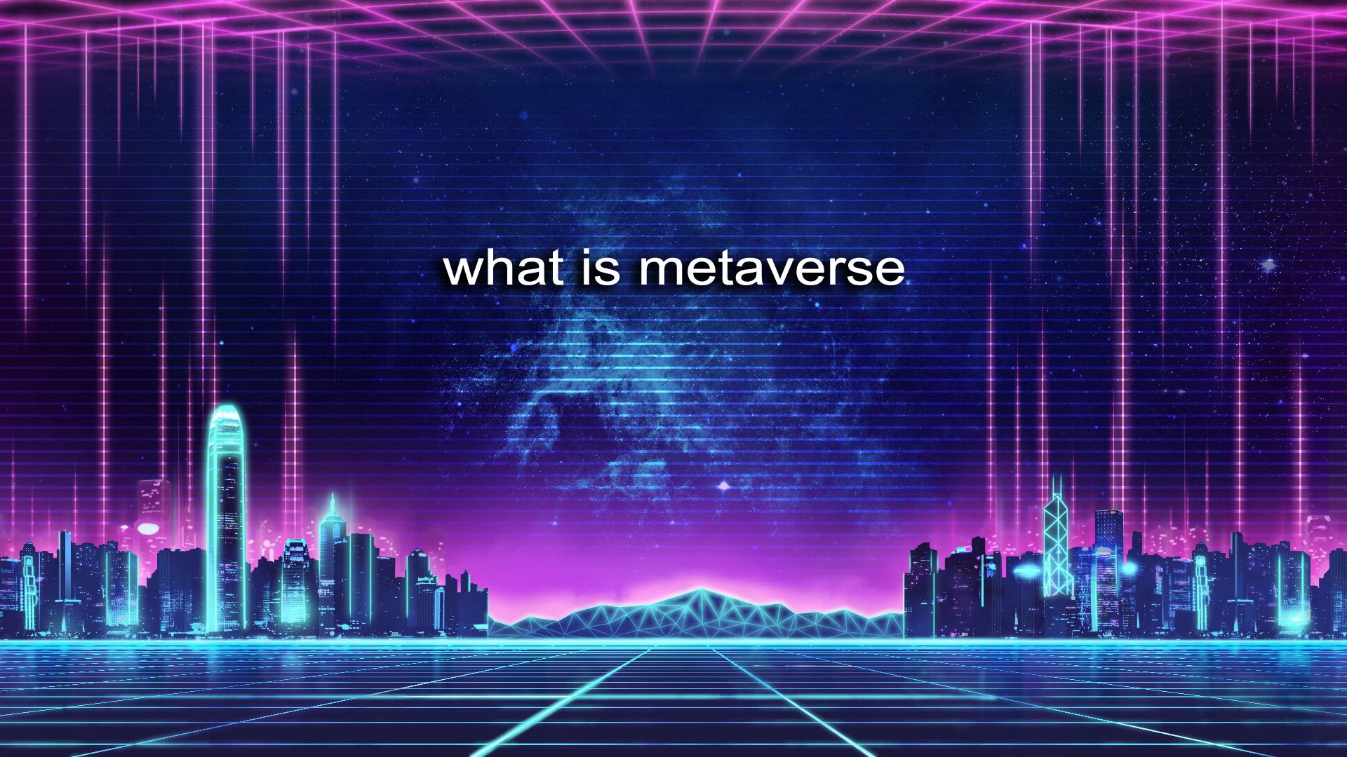 这张图片展示了充满未来感的虚拟城市景观，紫色调，有“what is metaverse”字样，体现了对元宇宙概念的探索。