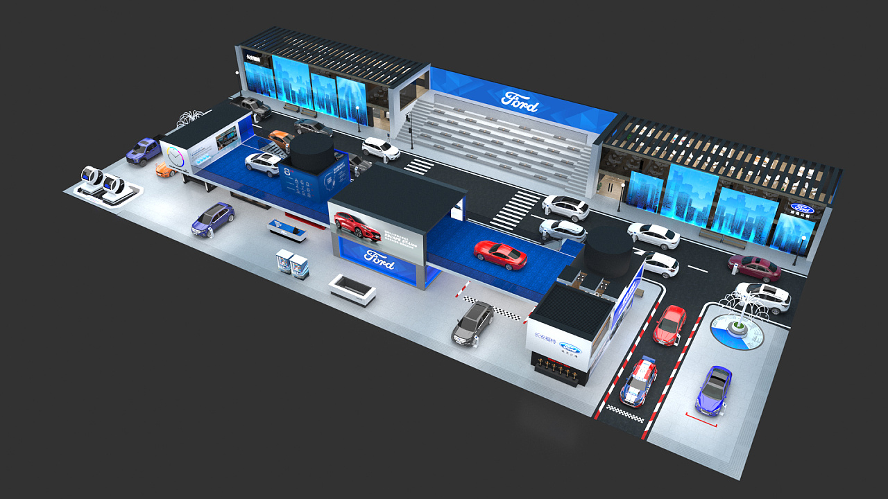 这是一张福特汽车品牌展示厅的3D效果图，包含多款车型、接待区和品牌标识，整体布局现代专业。