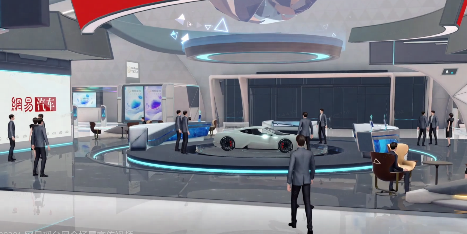 这是一张展示现代汽车展厅的图片，里面有多位参观者和几辆展出的汽车，环境科技感强，设计现代化。