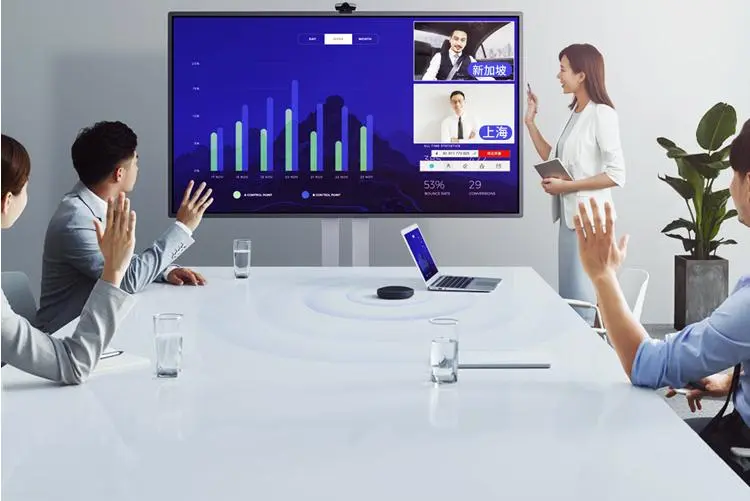 图片展示了一场商务会议，四位职员围坐在会议桌旁，注视着屏幕上的数据报告，其中一位女士正在做演示。