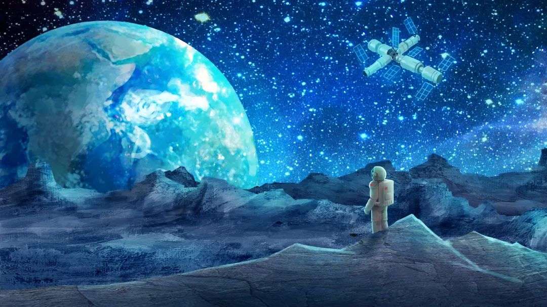 这是一幅描绘太空主题的艺术作品，一位宇航员站在月球表面，背对着观看地球和在轨道上的卫星，周围星空璀璨。