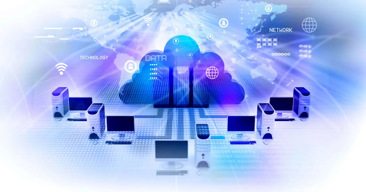 该图片展示了现代信息技术和网络概念，包含电脑、服务器和云计算图标，背景有全球连接和数据流动元素。