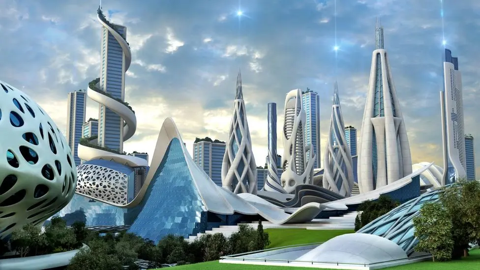 这是一幅展示未来城市的概念艺术图，包含有创新设计的摩天大楼和现代化的建筑结构，天空清澈，环境绿化。
