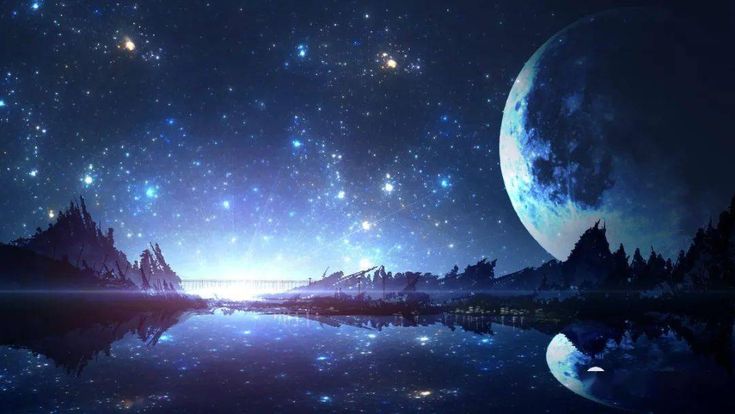 这是一张夜晚星空下的风景图，有巨大的月亮，繁星点点，树木轮廓，以及倒映在宁静湖面上的美丽景象。
