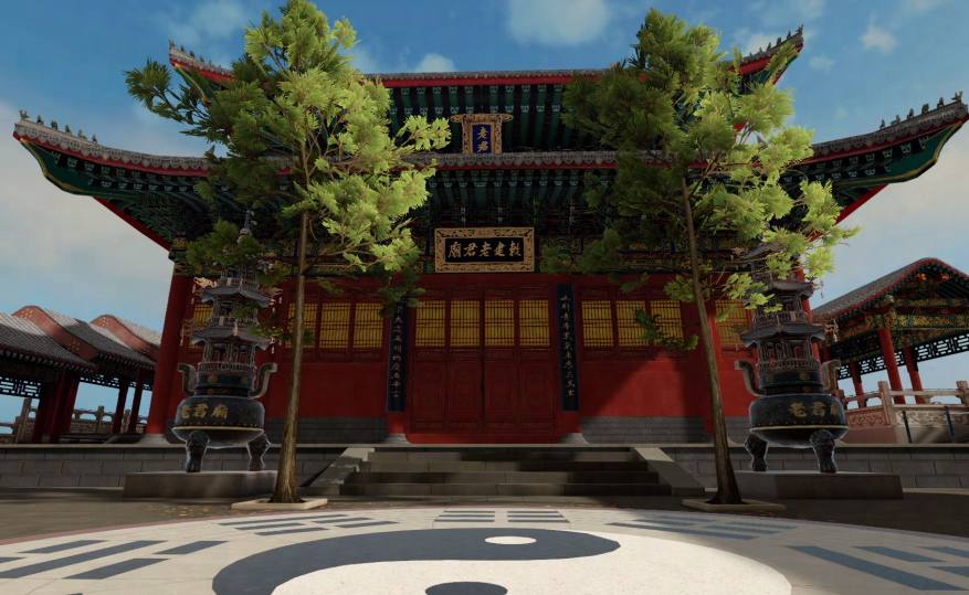 图片展示了一座具有中国传统建筑风格的大殿，红墙金瓦，前有太极图案，两侧有翠绿树木和石狮。