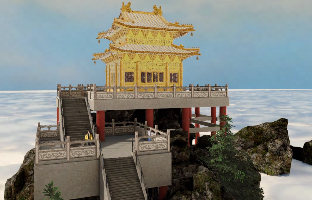 这是一幅描绘中国古典建筑的图片，展示了一座金色屋顶的亭子，位于高耸的岩石上，通过阶梯与周围环境相连。