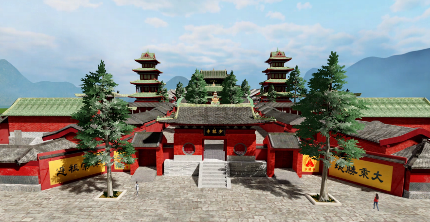 图片展示了一个中国风格的古典建筑群，红墙绿瓦，两侧有对联，前方有人行走，背景是青山。