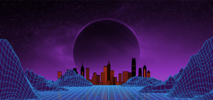 这是一幅赛博朋克风格的插画，展现了紫色天空下，巨大月亮映衬的未来城市轮廓和前面的数字化网格地面。