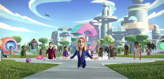 图片展示了一群卡通人物在未来风格的城市中欢乐地散步，中间一位女性拿着伞，背景有飞船和现代建筑。